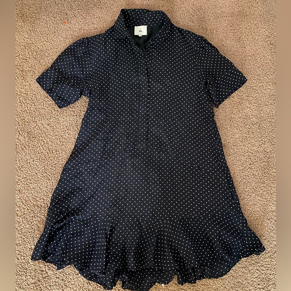 G. label by GOOP denise mini shirt dress navy blue white polka dot 6 ruffle hem - Picture 3 of 6